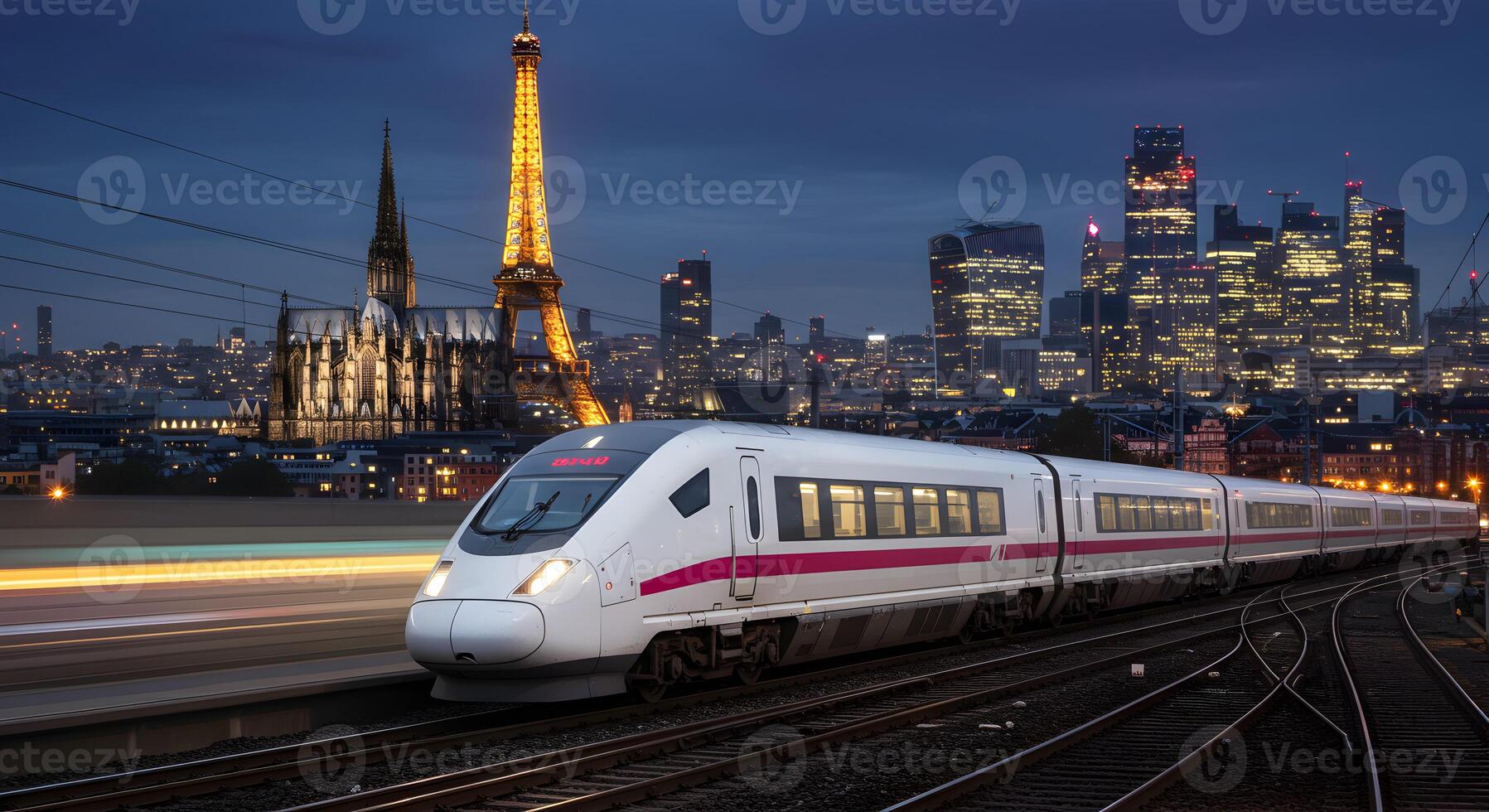 Nighttime Express Train Passing Paris, Cologne, and a Modern Skyline in a Surreal Composition photo