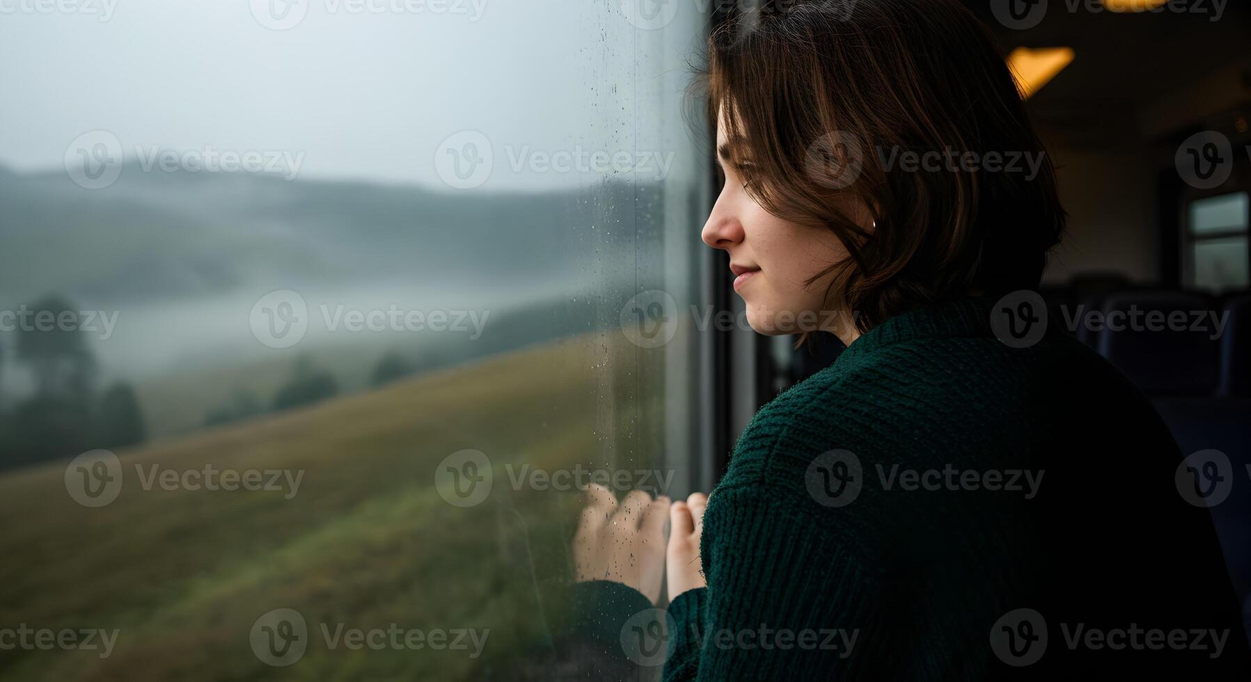 Smiling Woman Looking Out a Wet Window While Traveling in Train photo