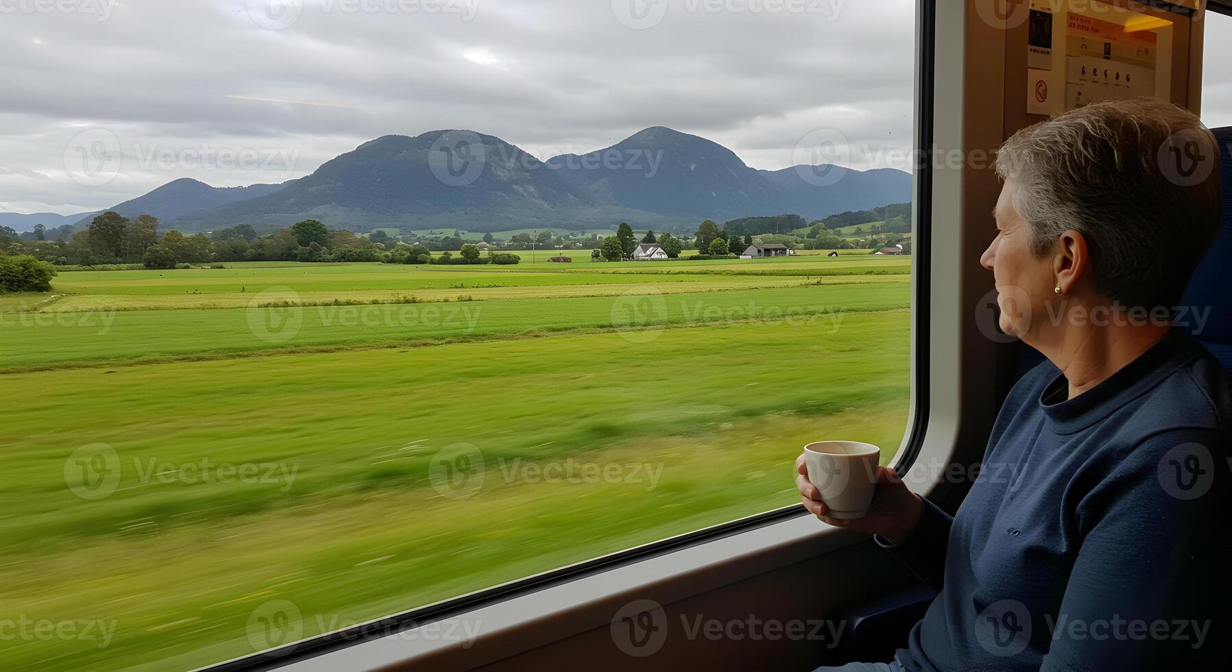 Elderly Woman Enjoying a Scenic Train Journey with a Cup of Tea photo