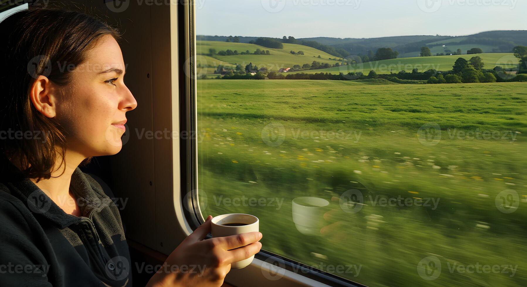 Woman Enjoying a Hot Beverage While Admiring Scenic Countryside from a Train Window photo