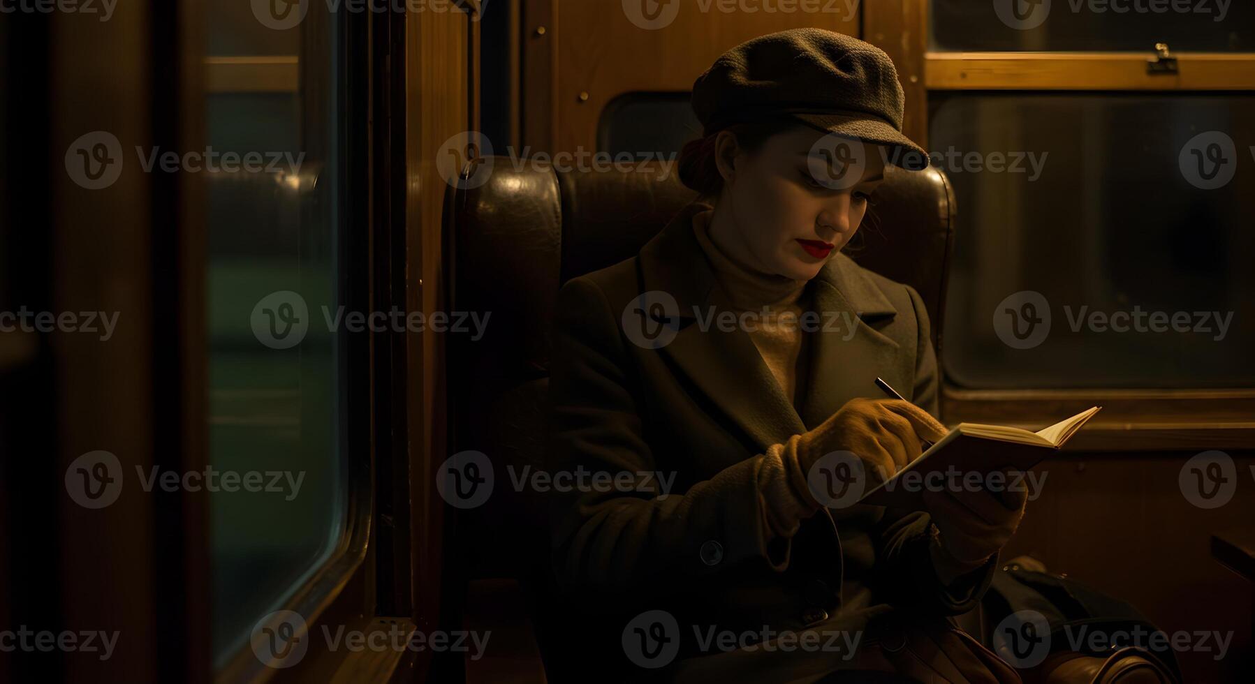 Mysterious Lady in a Hat Capturing Her Thoughts in a Journal on a Train photo