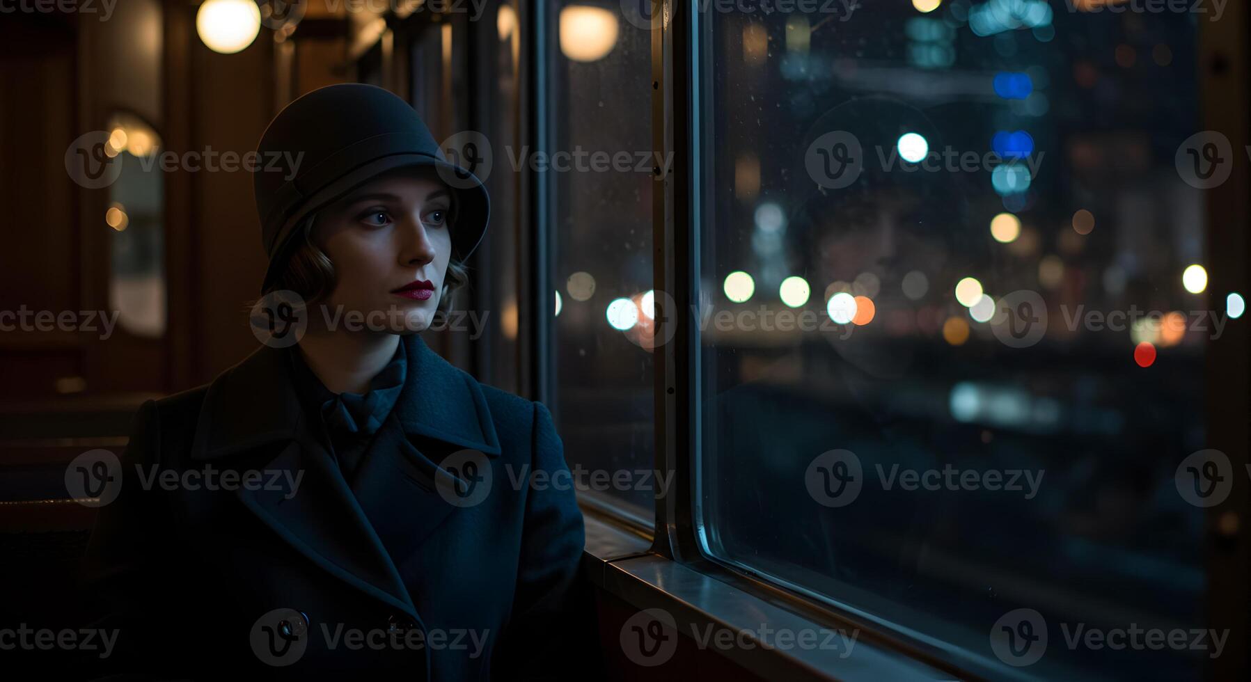 Mysterious Lady in a Noir-Inspired Scene Gazing Through a Train Window photo