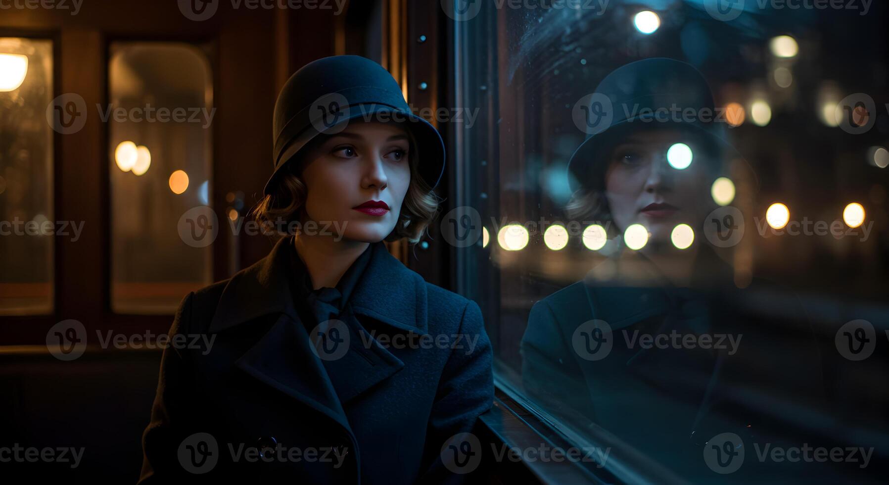 Elegant Woman in a Cloche Hat Reflecting on a Train Journey at Night photo