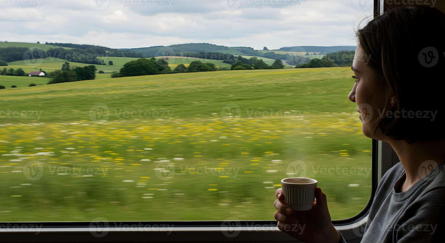 Peaceful Train Journey Through Green Fields with a Relaxed Traveler Holding a Warm Drink photo