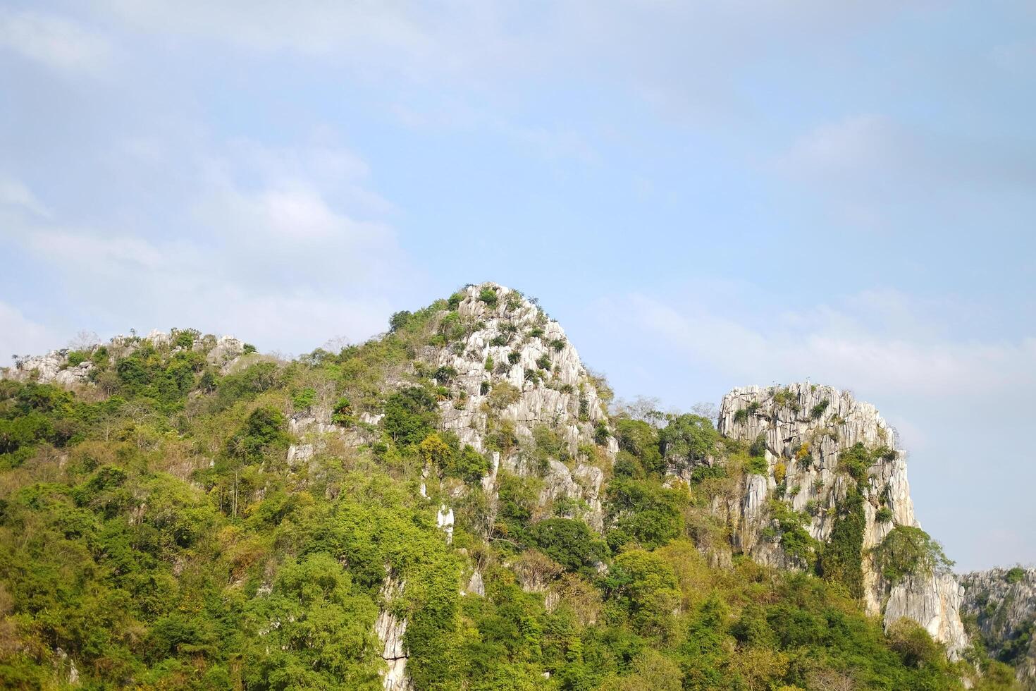 landscape rocky mountain and forest hill with cloud and blue sky in Thailand. Copy space photo