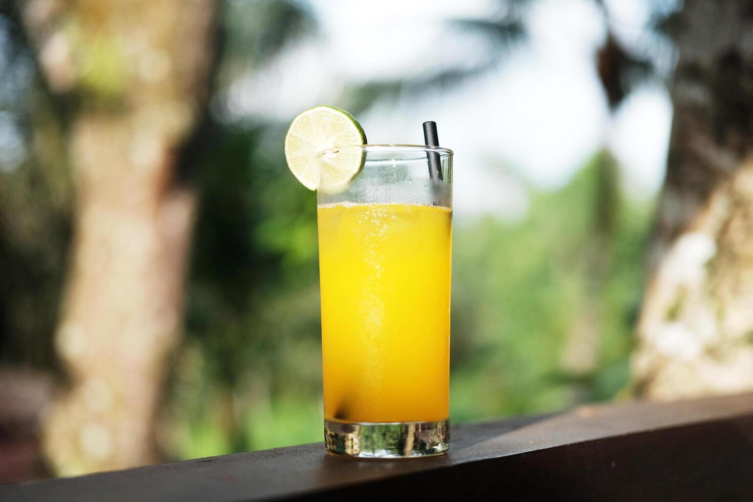 A glass of fresh ice orange juice fruit with lemon piece on wooden desk in natural sunlight and tropical garden photo
