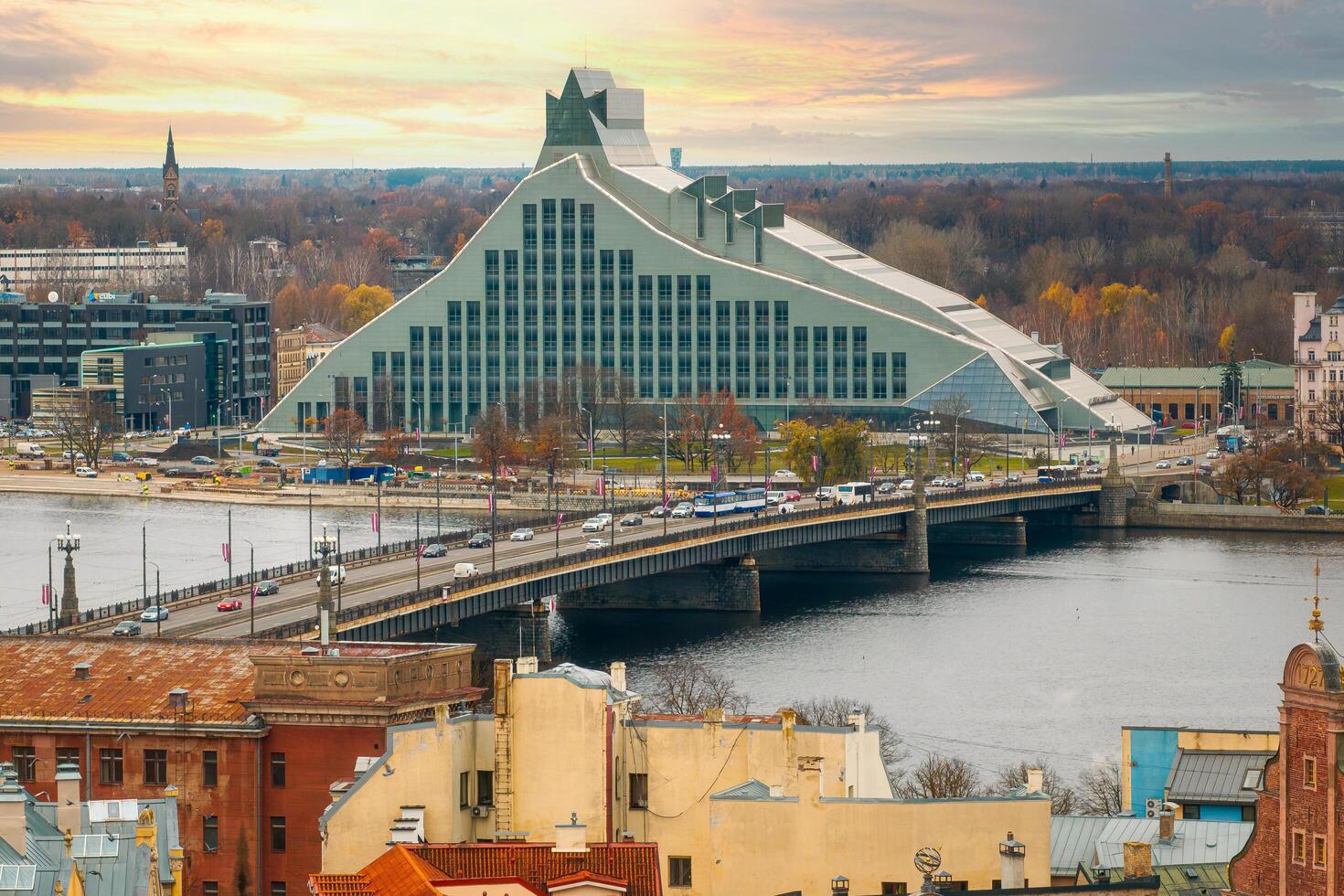 Riga, Latvia, 2024 - Aerial View of Riga Featuring the National Library of Latvia photo