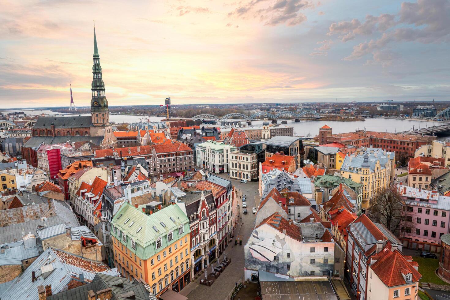 Riga, Latvia, 2024 - Aerial View of Rigas Historic Architecture and St. Peters Church photo