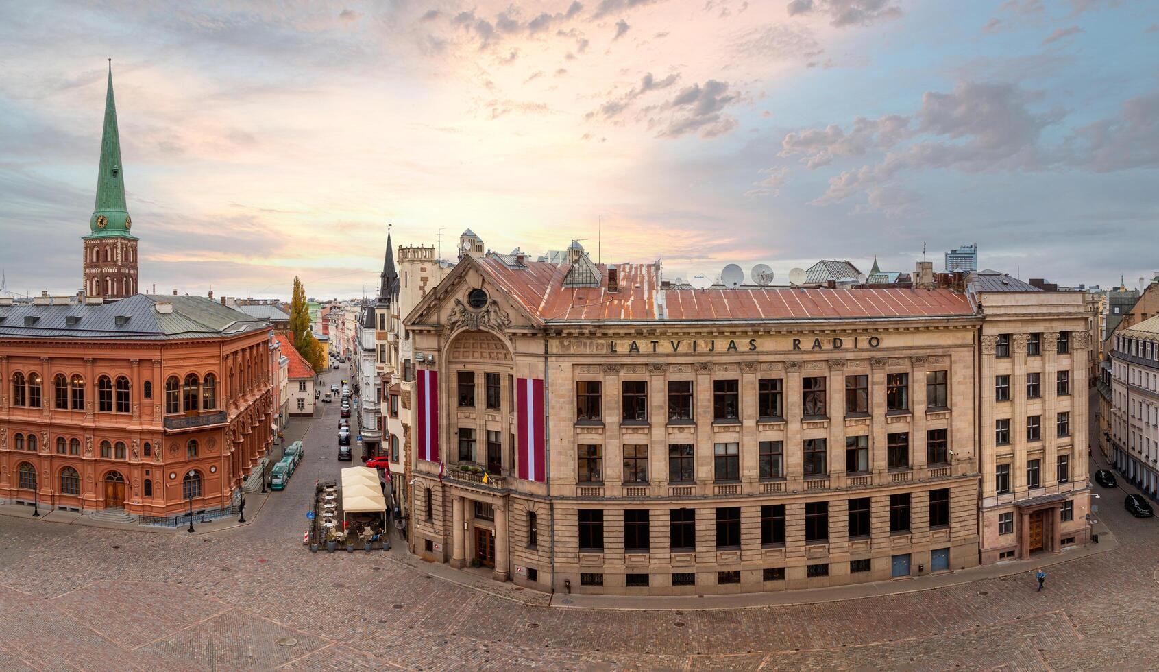 Riga, Latvia, 2024 - Aerial View of Historic Riga with Latvijas Radio Building and Church photo
