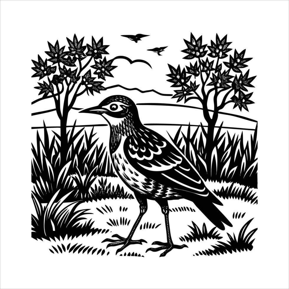 Detailed Engraved Bird On Branch High vector
