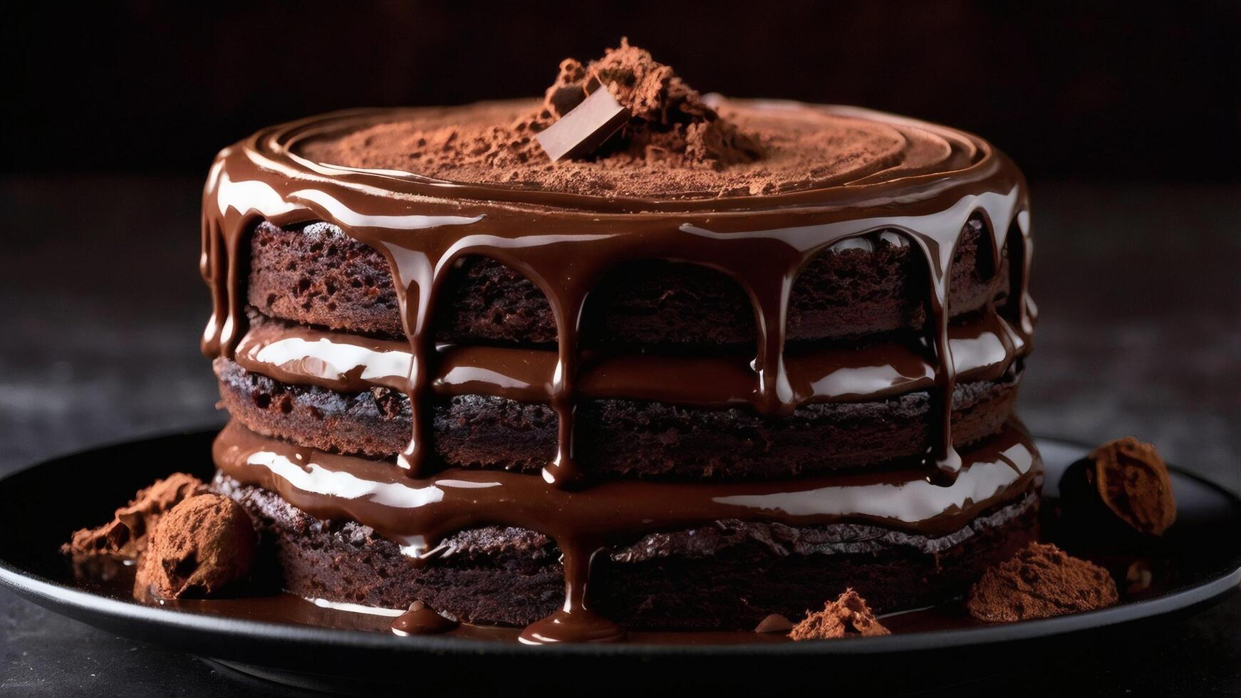 Chocolate Cake with Glossy Ganache Drip Chocolate Shavings photo