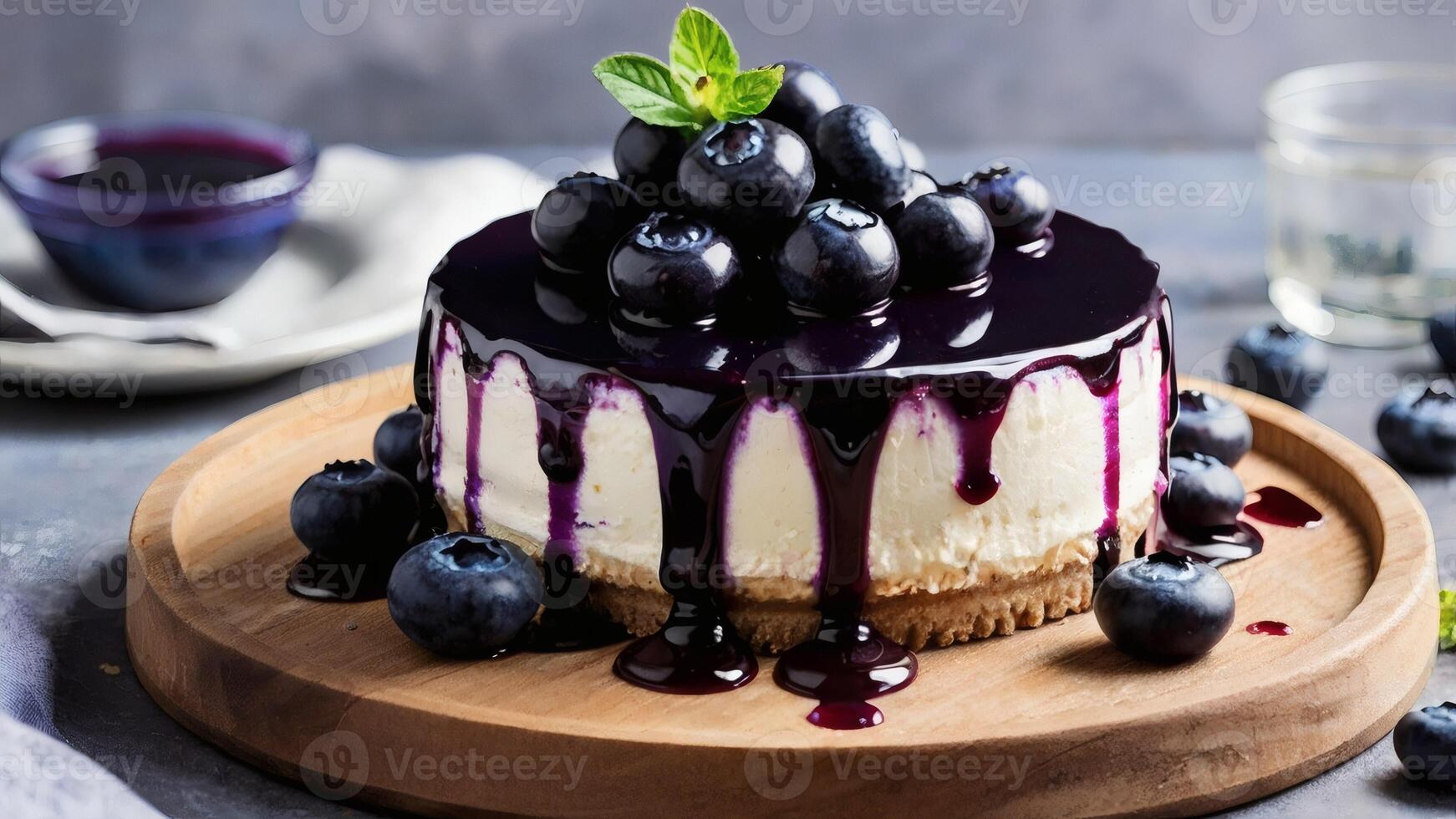 Blueberry Round Cheesecake Topped with Fresh Berries and blueberry jam photo