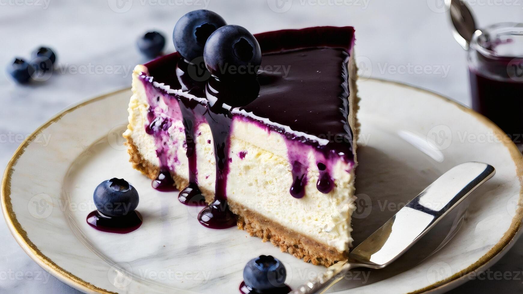 Blueberry Slice Cheesecake Topped with Fresh Berries and Glossy blueberry jam photo