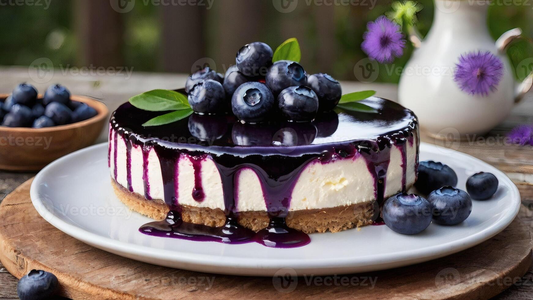 Blueberry Cheesecake Topped with Fresh Berries and Glossy blueberry jam photo