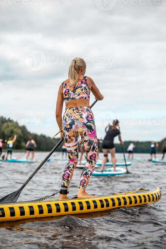Paddleboarders on Calm Water with Tree Lined Shoreline and Cloudy Sky photo
