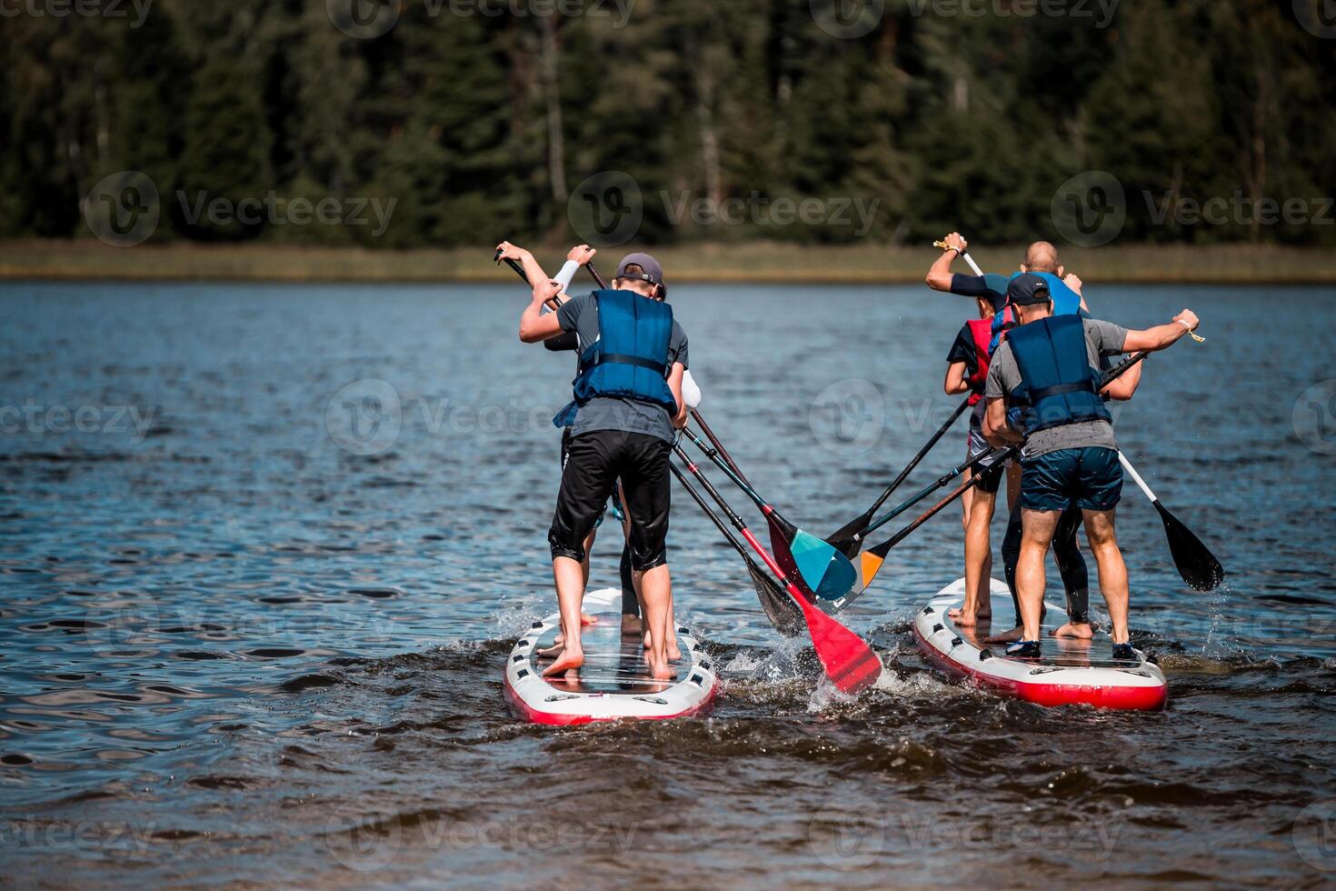 Group Paddleboarding on Calm Water with Forested Background photo