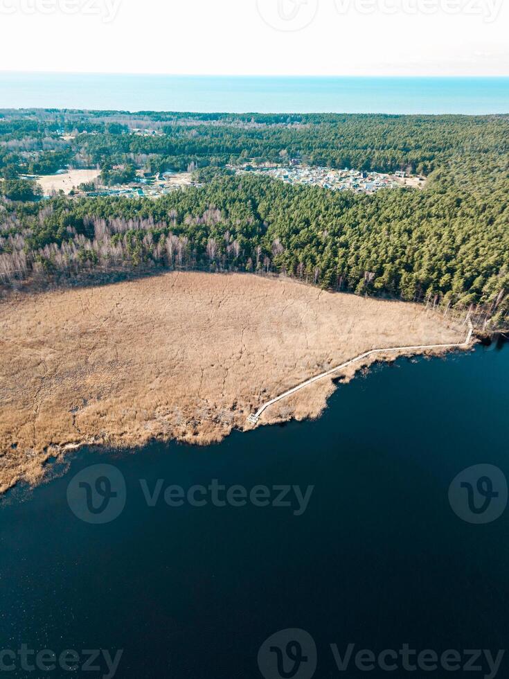 Aerial View of Water, Forest, Open Field, and Distant Settlement photo