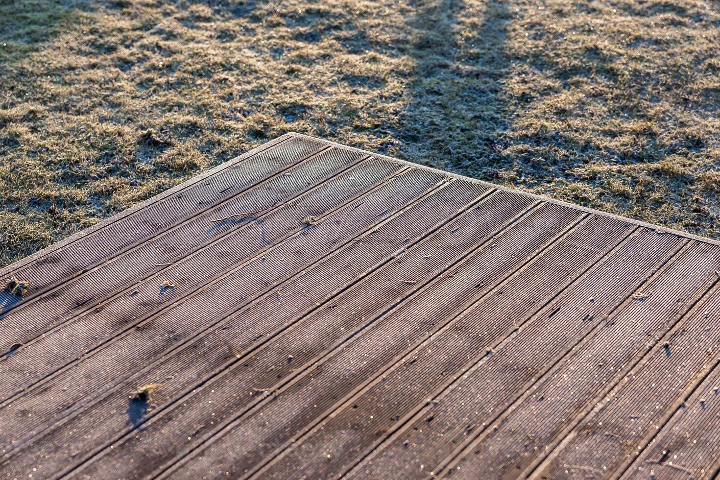 Frost Covered Grass Beyond a Wooden Deck in Low Angle Sunlight photo
