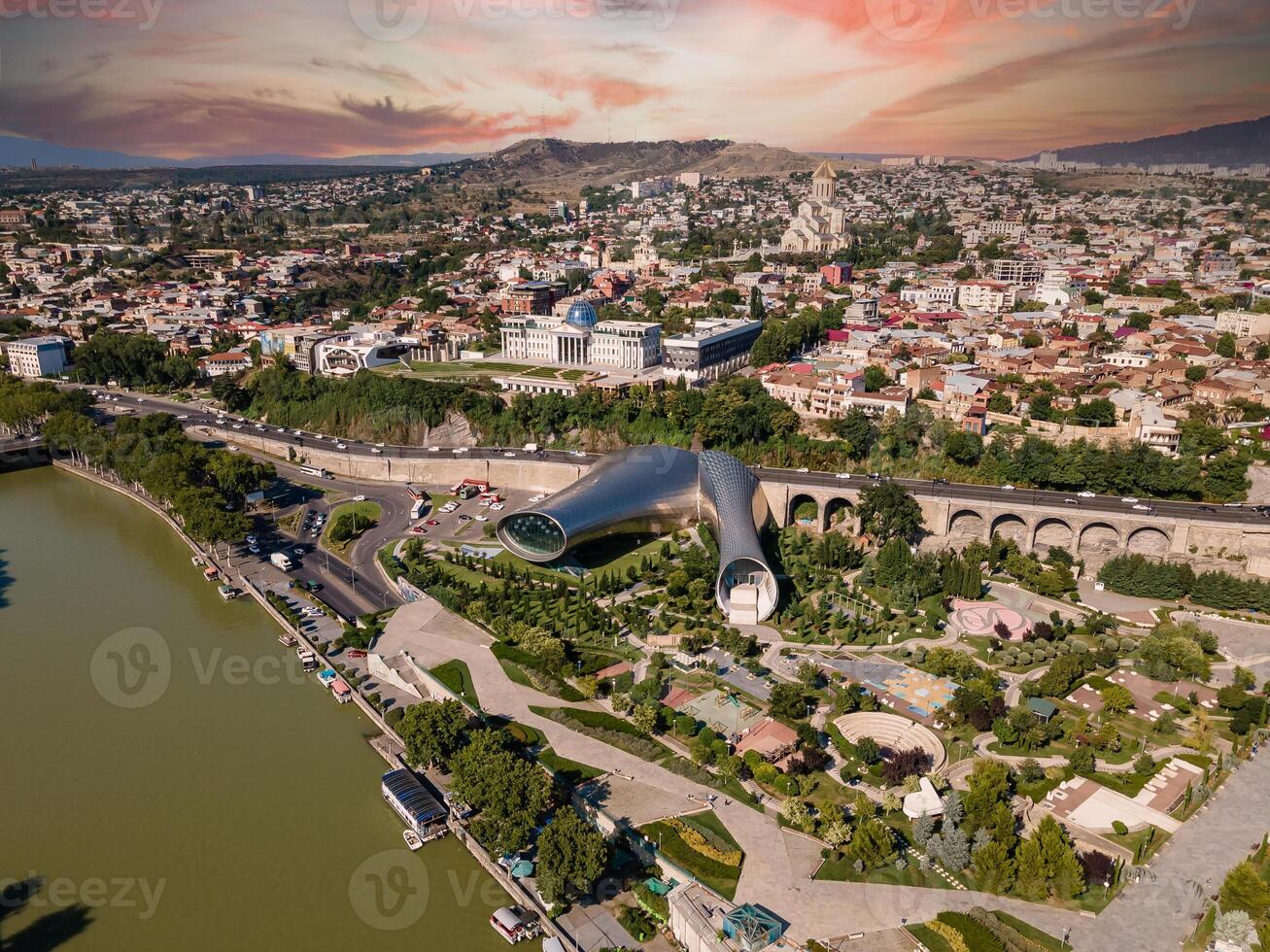 Tbilisi Urban Landscape with Rike Park Concert Hall and Sameba Cathedral photo
