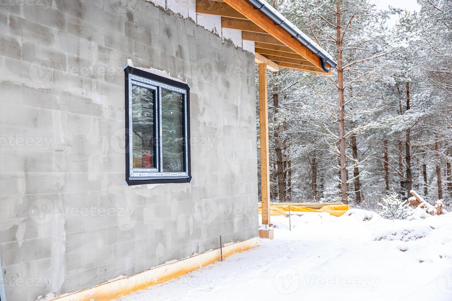 Partially Constructed Building in Snowy Landscape with Pine Trees photo