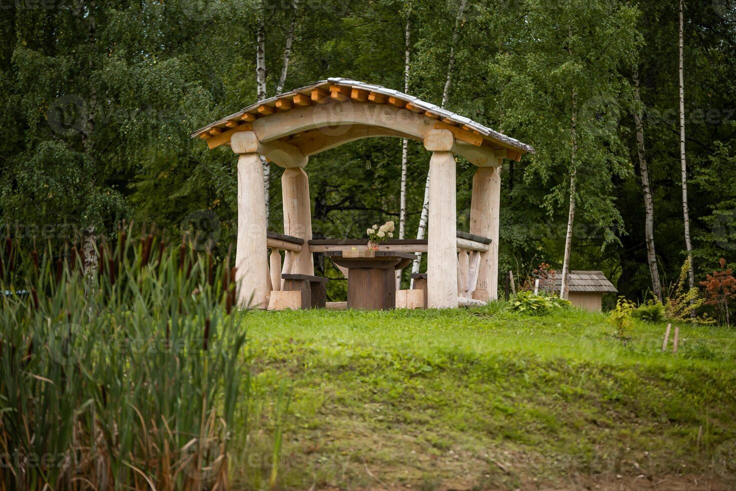 Rustic Wooden Gazebo with Table and Benches in Forest Setting photo
