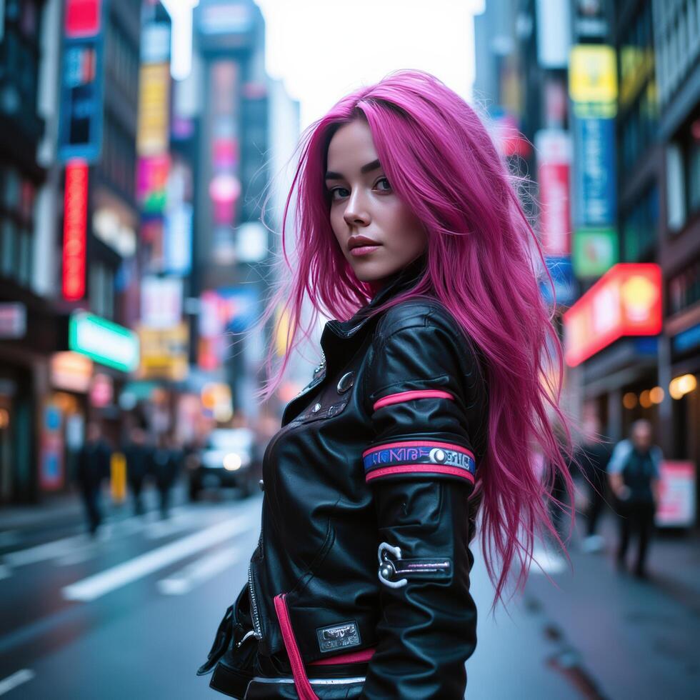 A woman with pink hair and leather jacket standing in the middle of a city street photo