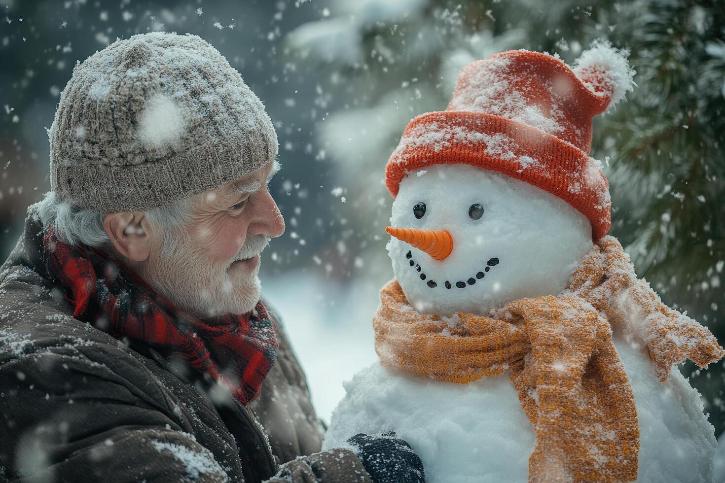 heartwarming moment of a grandparent and grandchild building a snowman on a snowy Christmas afternoon. photo