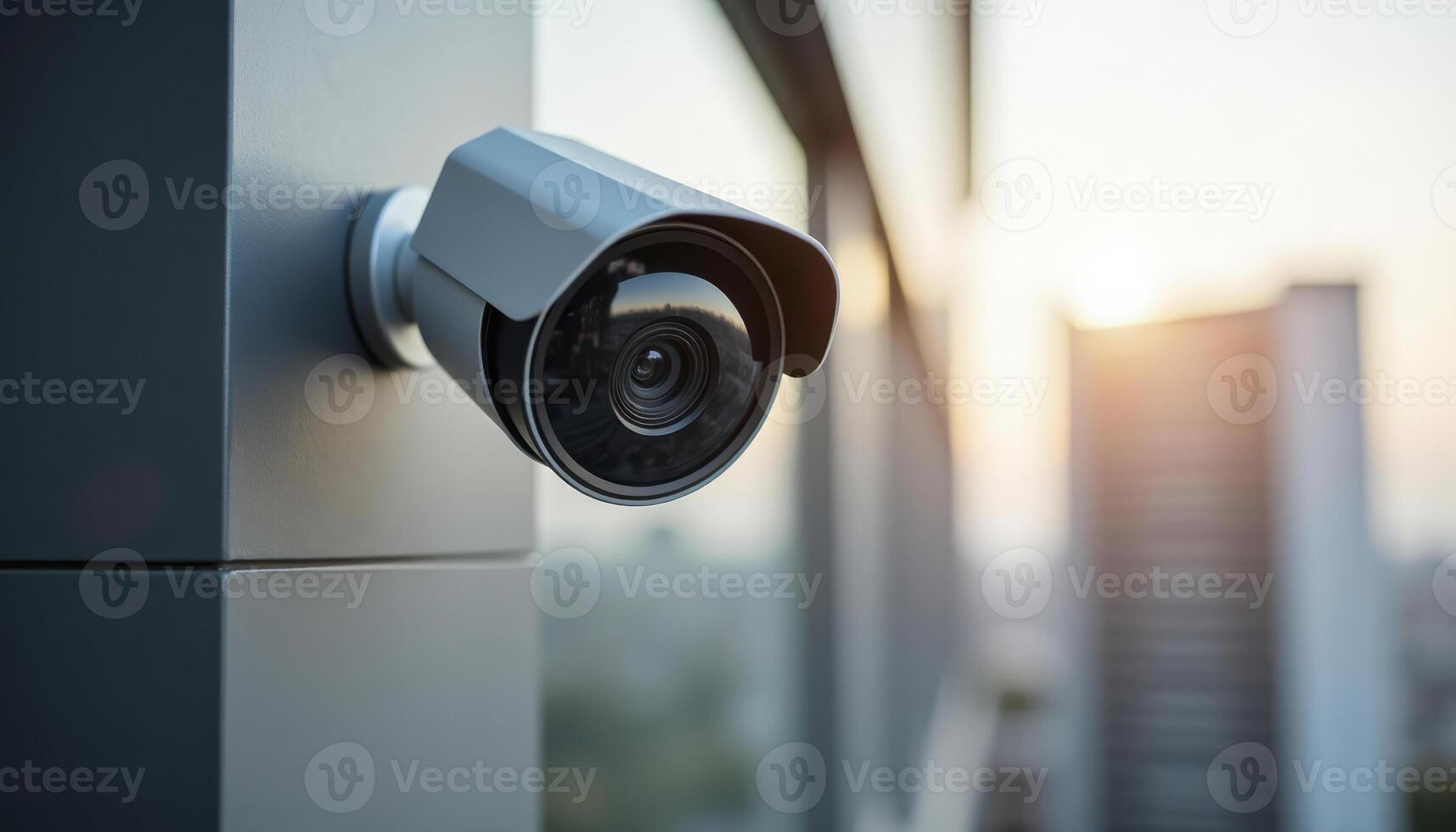 Security camera installed on a building overlooking a city skyline during sunset photo