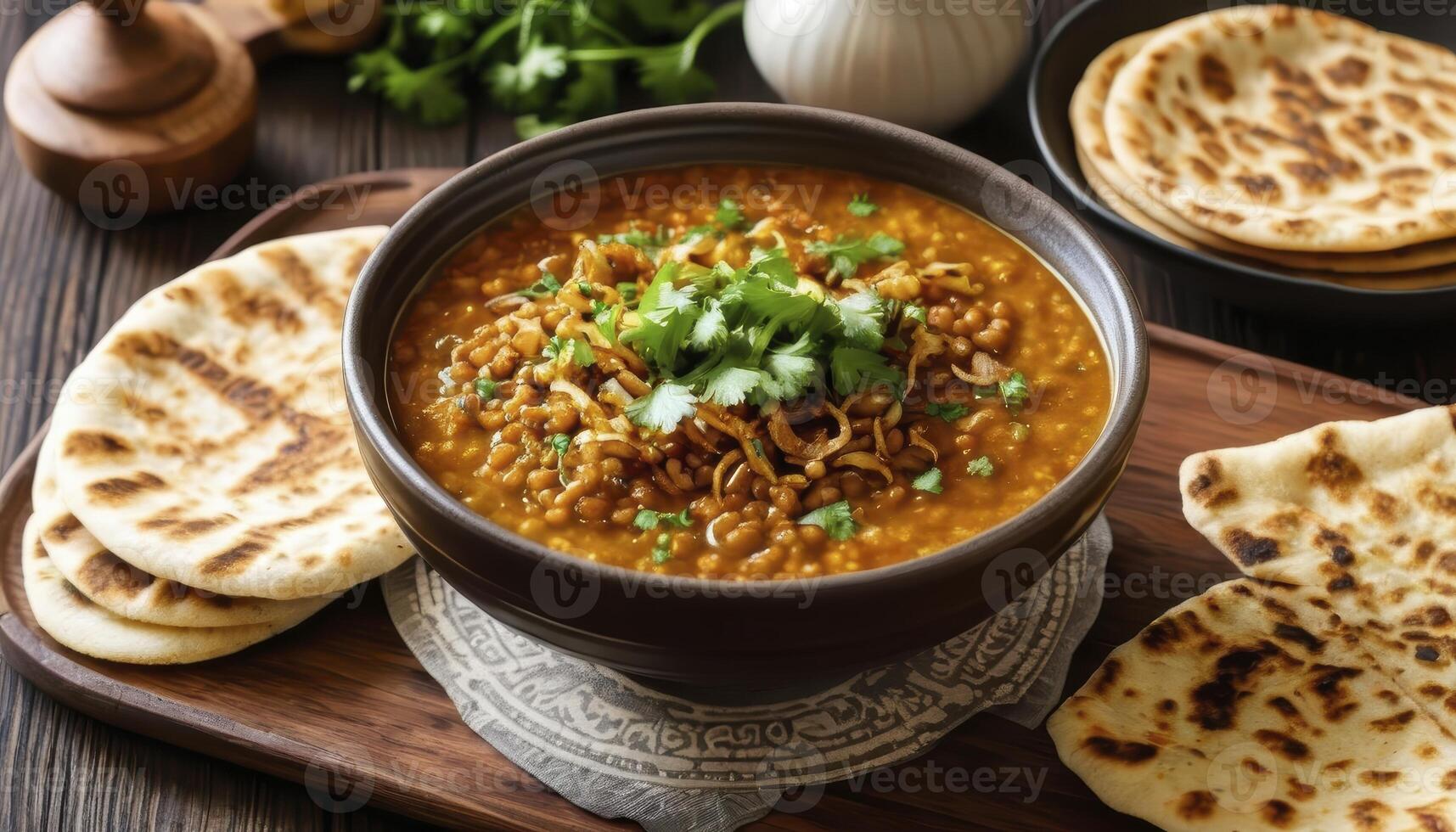 Delicious Lentil Dish Served With Freshly Baked Bread on Wooden Table photo