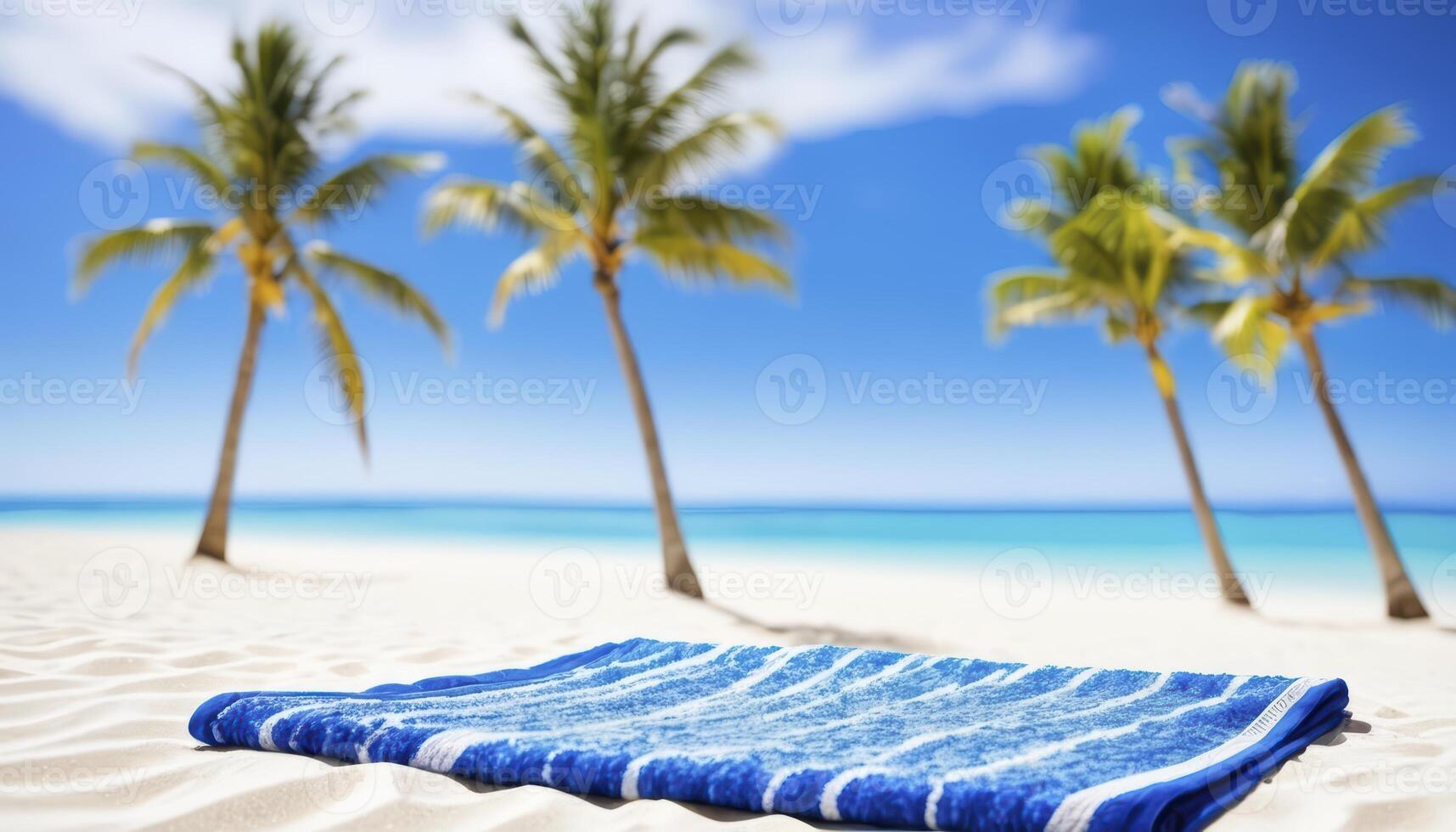 Relaxing beach scene with blue towel on soft sand and palm trees under clear blue sky photo
