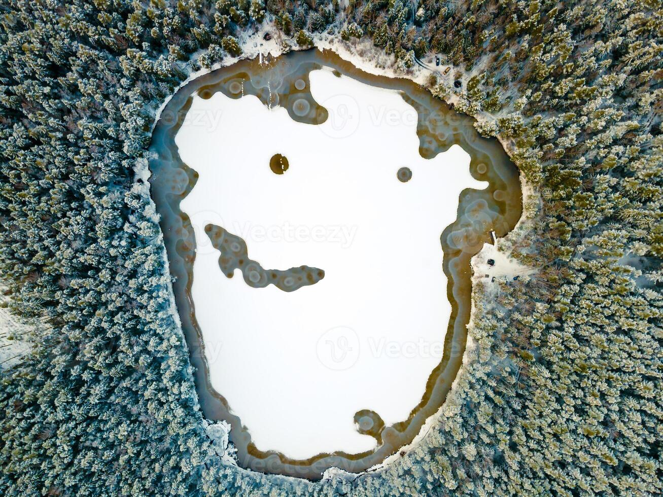 Aerial View of Frozen Lake with Snow Covered Forest Surrounding photo