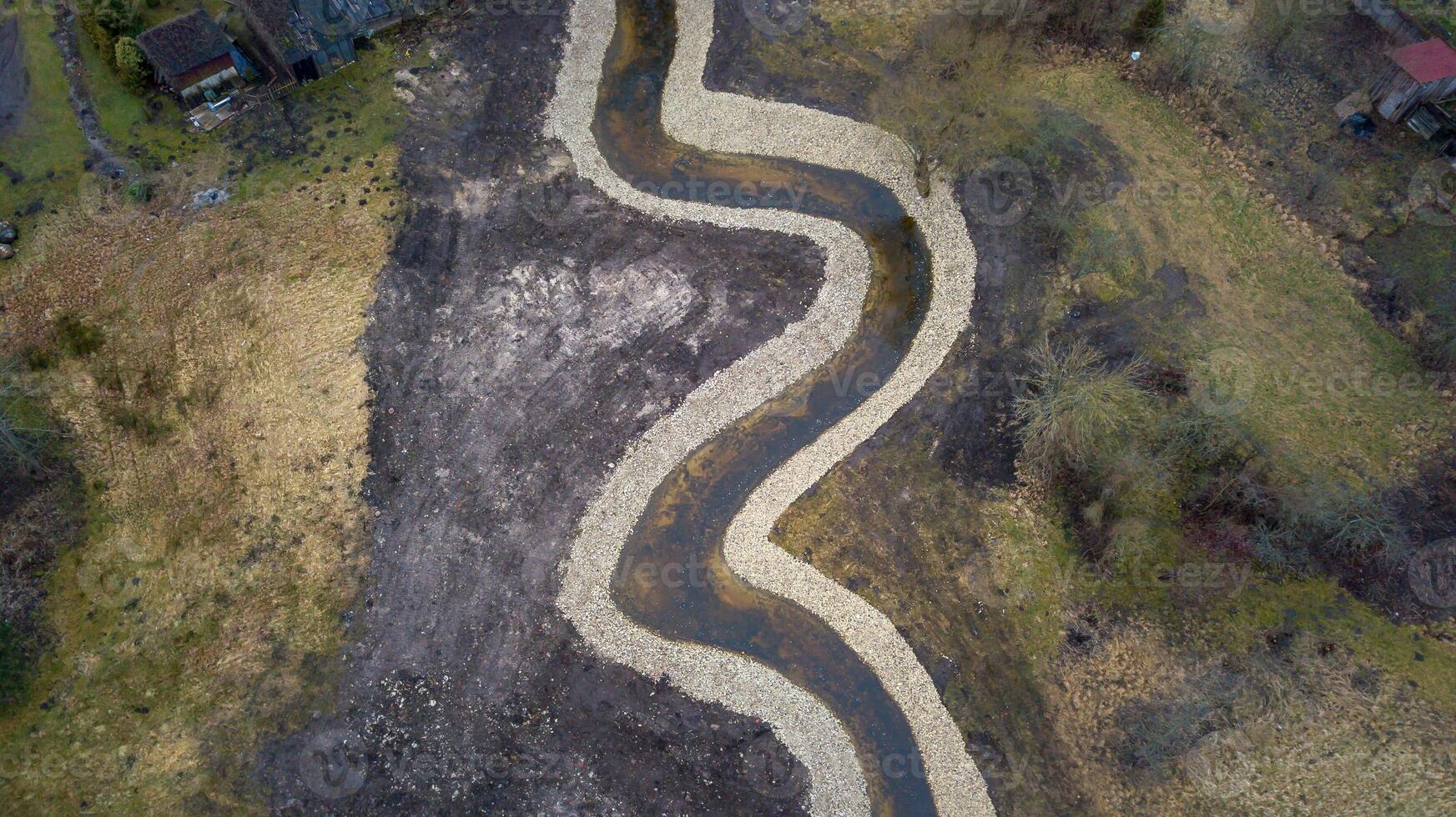 Aerial View of Meandering Stream with Gravel Banks and Sparse Vegetation photo