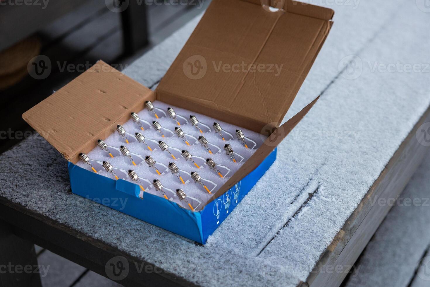 Open Cardboard Box of LED Bulbs on Snow Dusted Wooden Terrace photo