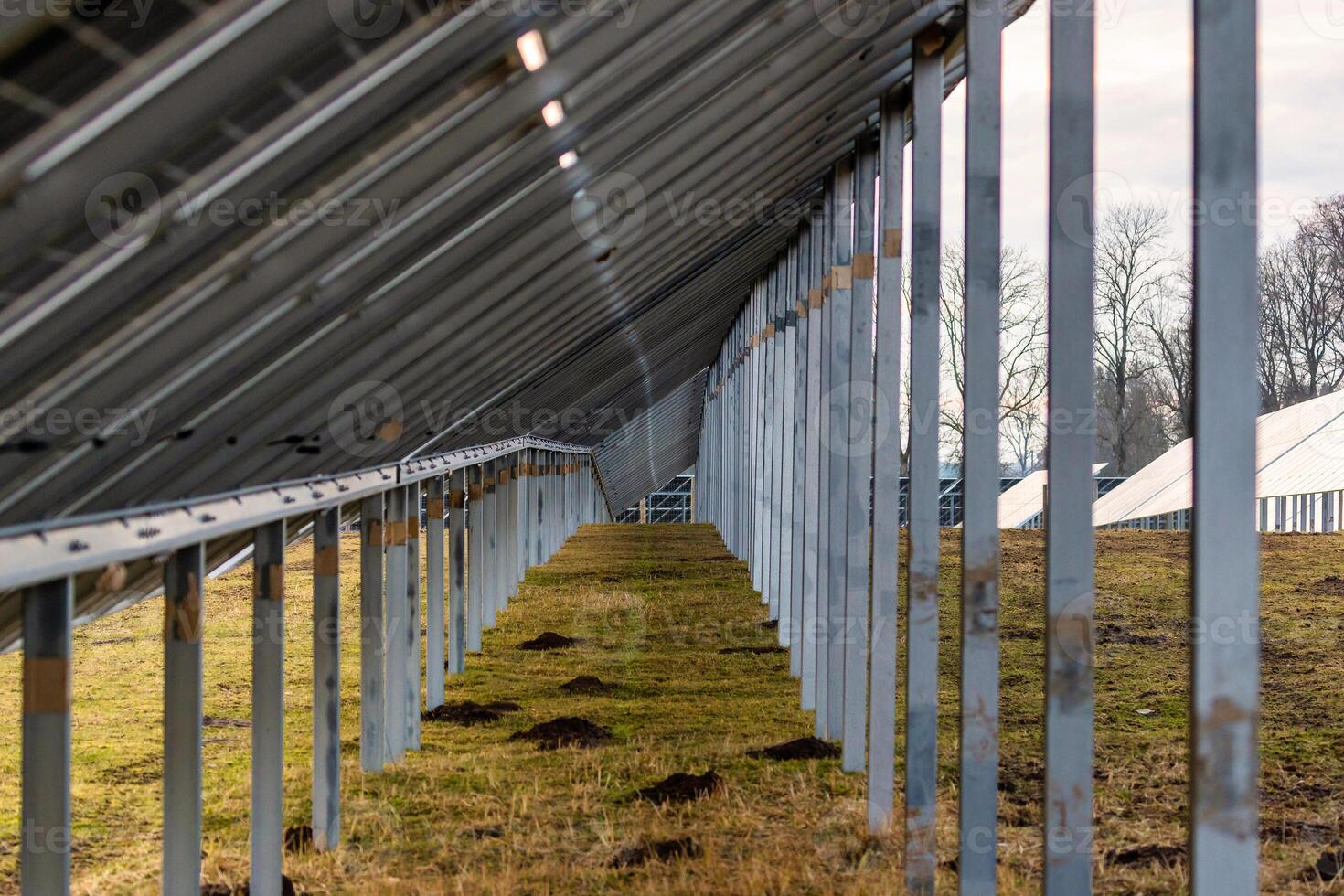 Symmetrical View of Solar Panel Structures with Grass Covered Ground photo