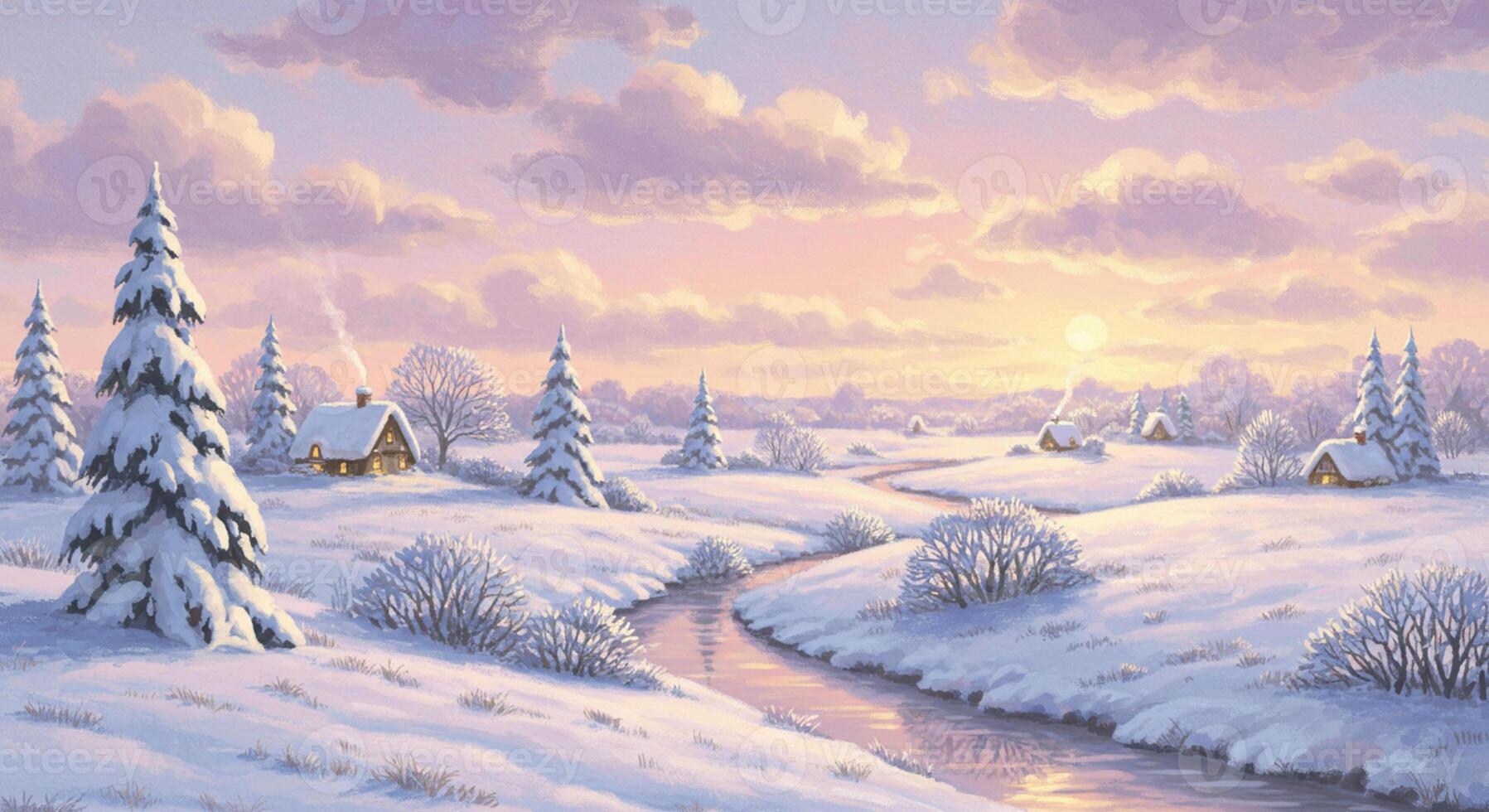 A painting of a snowy landscape with houses and trees photo