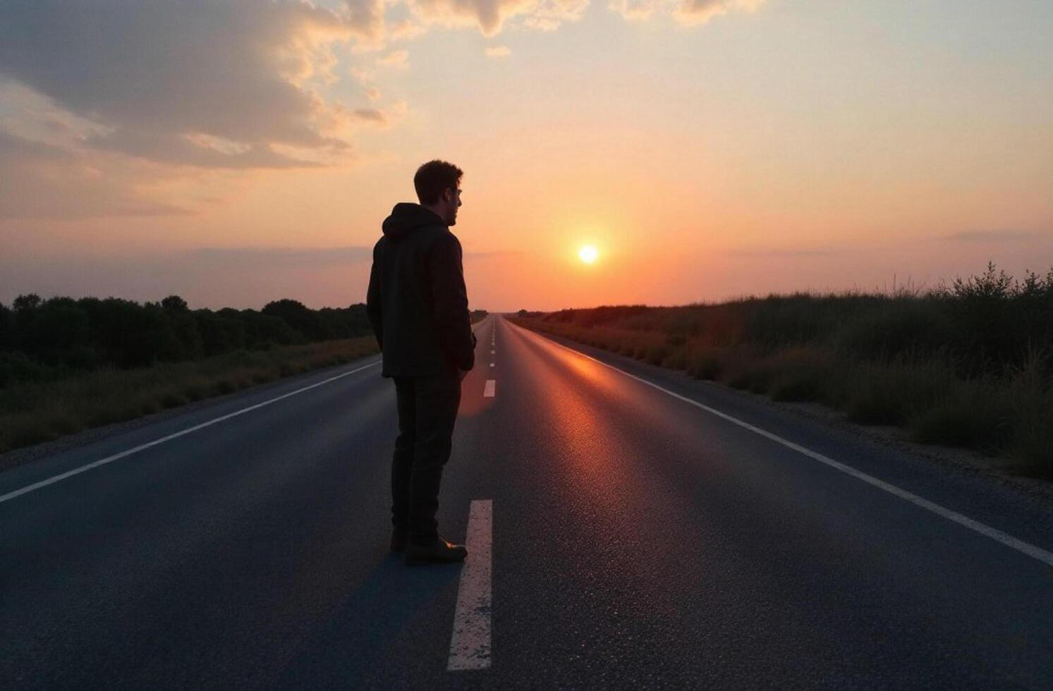 A man is standing peacefully on the side of a quiet road as the sun sets in the distance, creating a beautiful view that embraces the horizon with stunning colors at dusk photo
