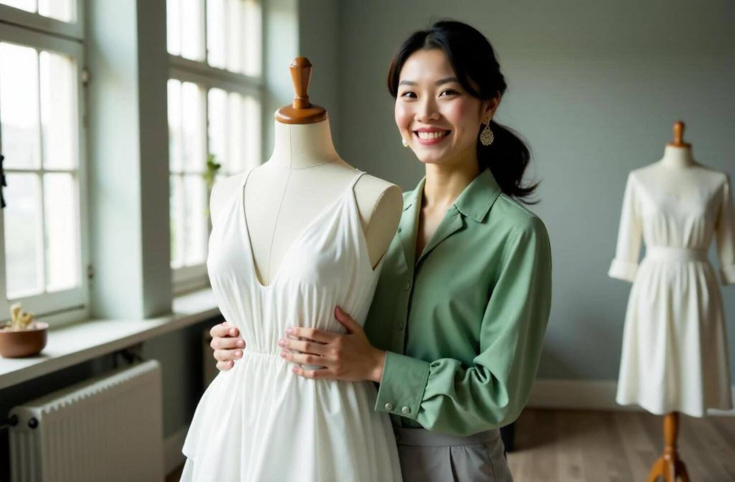 A woman is elegantly standing right next to a mannequin that is dressed in a beautiful white dress, showcasing fashion and textile design in a unique way on this lovely day photo