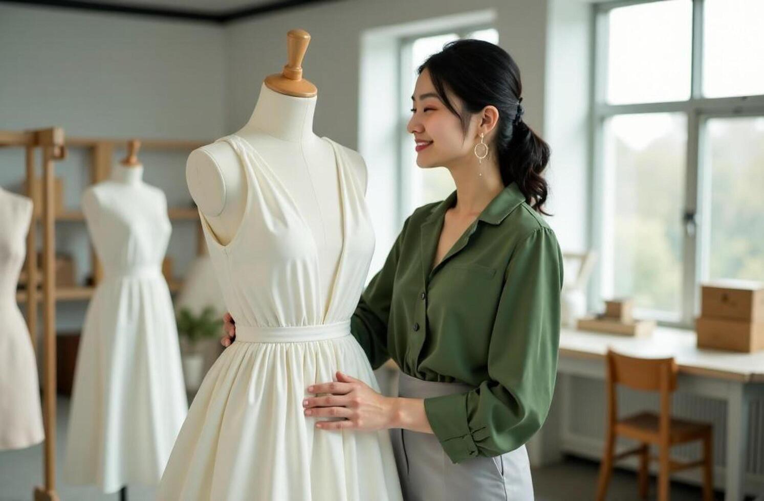 A woman is elegantly standing beside a mannequin that is adorned with a stunning white dress, effectively showcasing a remarkable example of exquisite fashion design and timeless style photo