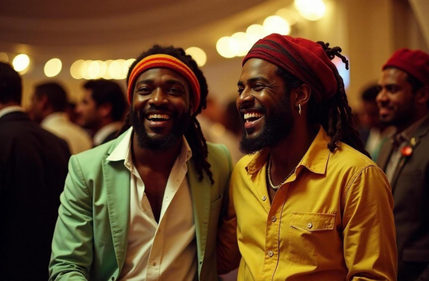 Two men are standing closely next to each other, both wearing beanies and sharing a joyful moment as they smile brightly at one another, expressing their happiness and enjoyment photo