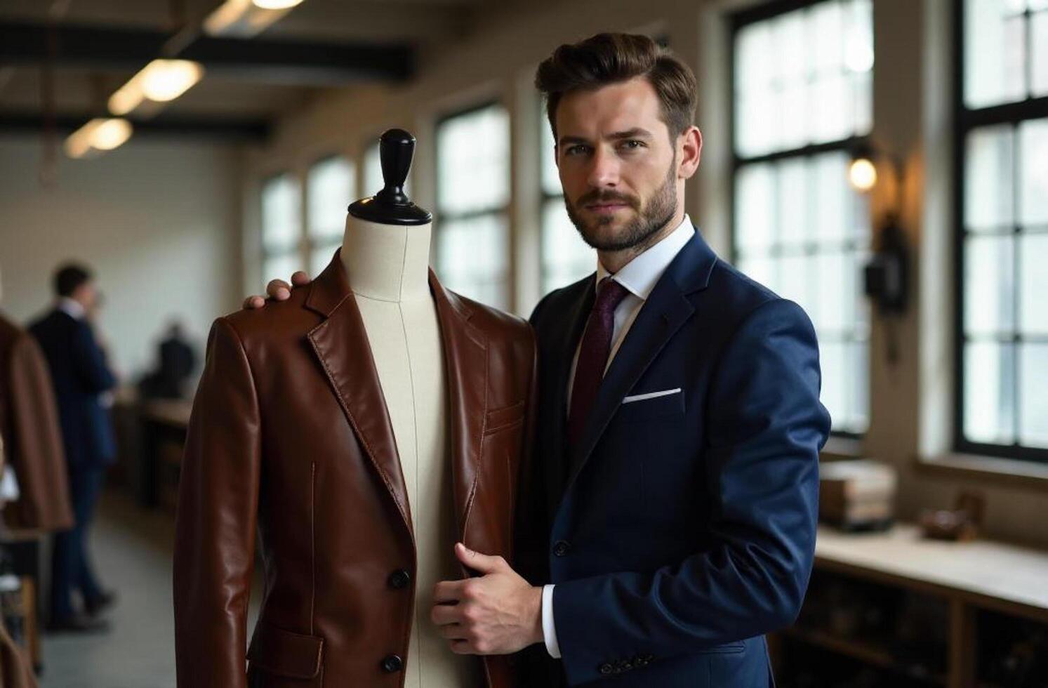 A welldressed man, wearing a stylish suit and tie, is standing next to a fashionable leather jacket that is displayed on a mannequin, showcasing the latest trends in fashion and outerwear photo