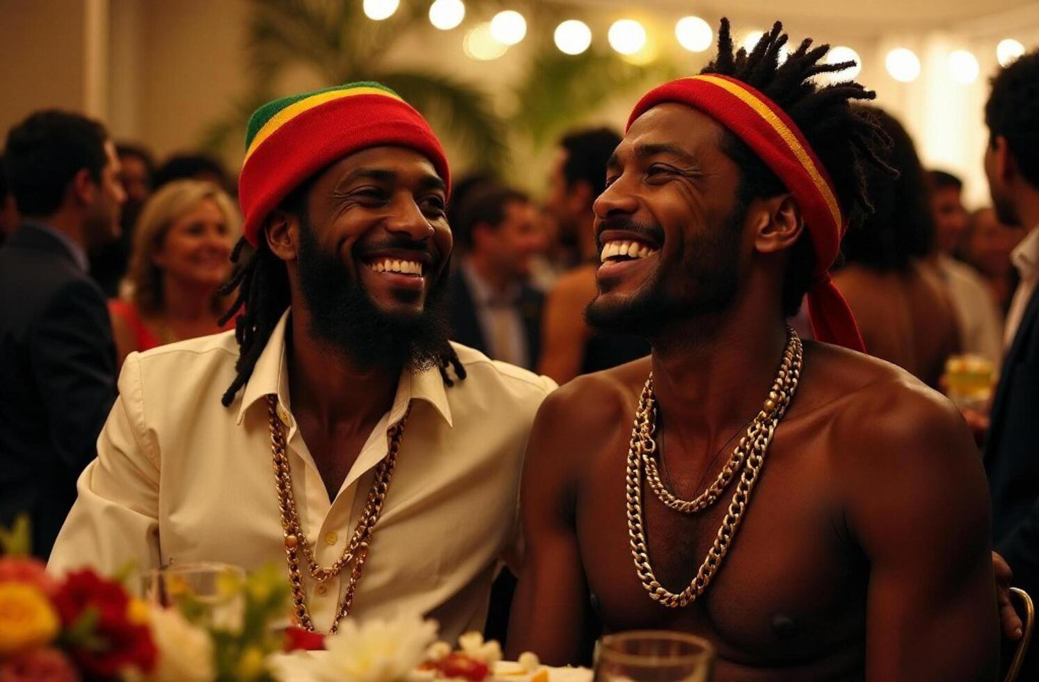 Two shirtless men, both donning vibrant rasta hats, are seen laughing joyfully together, sharing a lighthearted moment filled with fun and happiness that radiates friendship and positivity photo
