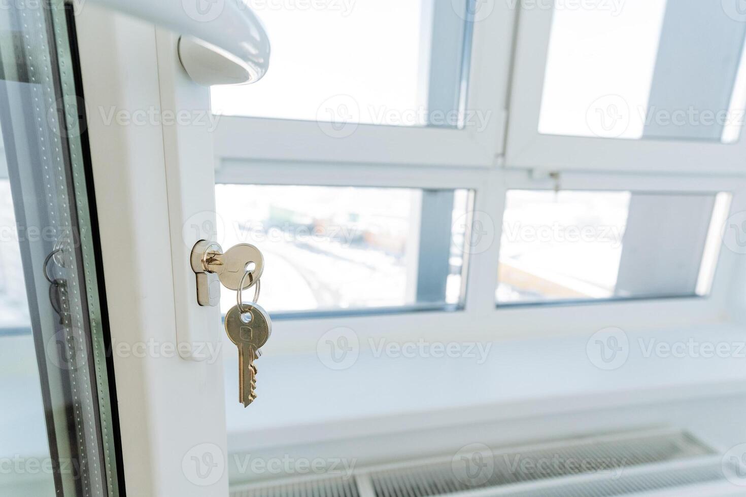 A shiny key can be seen dangling from a keyhole located on a window, which suggests that this window has possibly been either recently locked or unlocked, creating intrigue photo