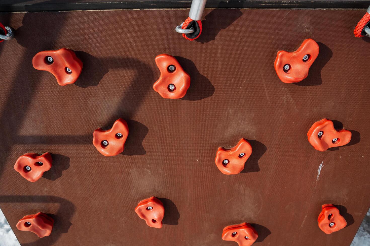 Vibrant and colorful orange climbing holds are expertly mounted on a wellcrafted wooden wall, perfect for enhancing outdoor climbing activities and fitness training pursuits photo