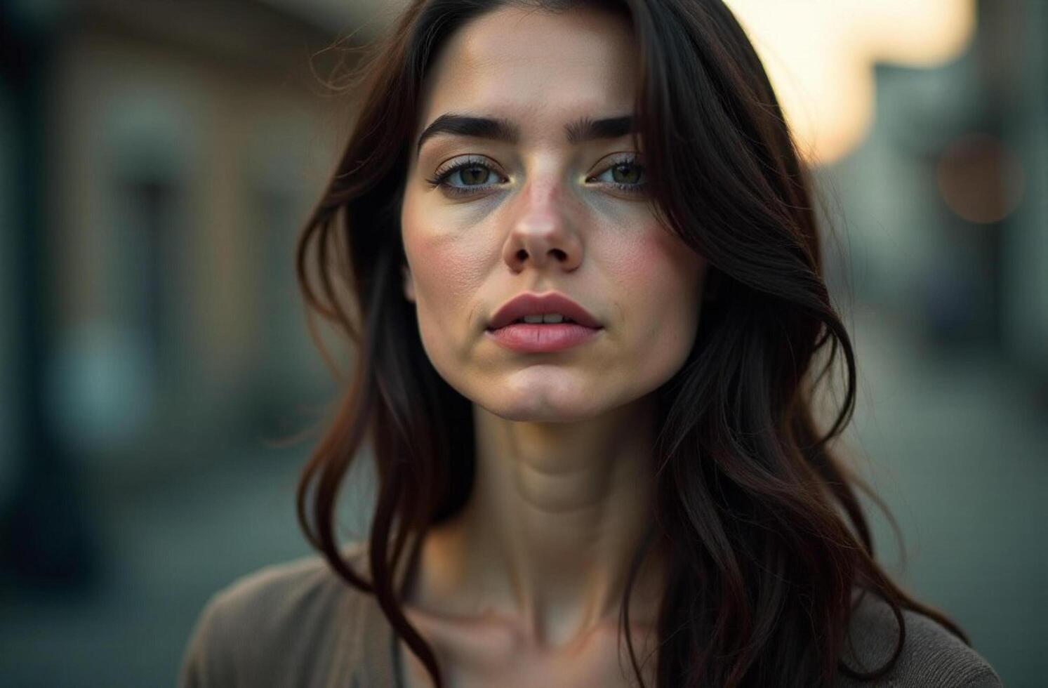This breathtaking portrait captures a confident young woman with flowing long hair, set against a softly blurred urban background illuminated by the gentle glow of twilight photo