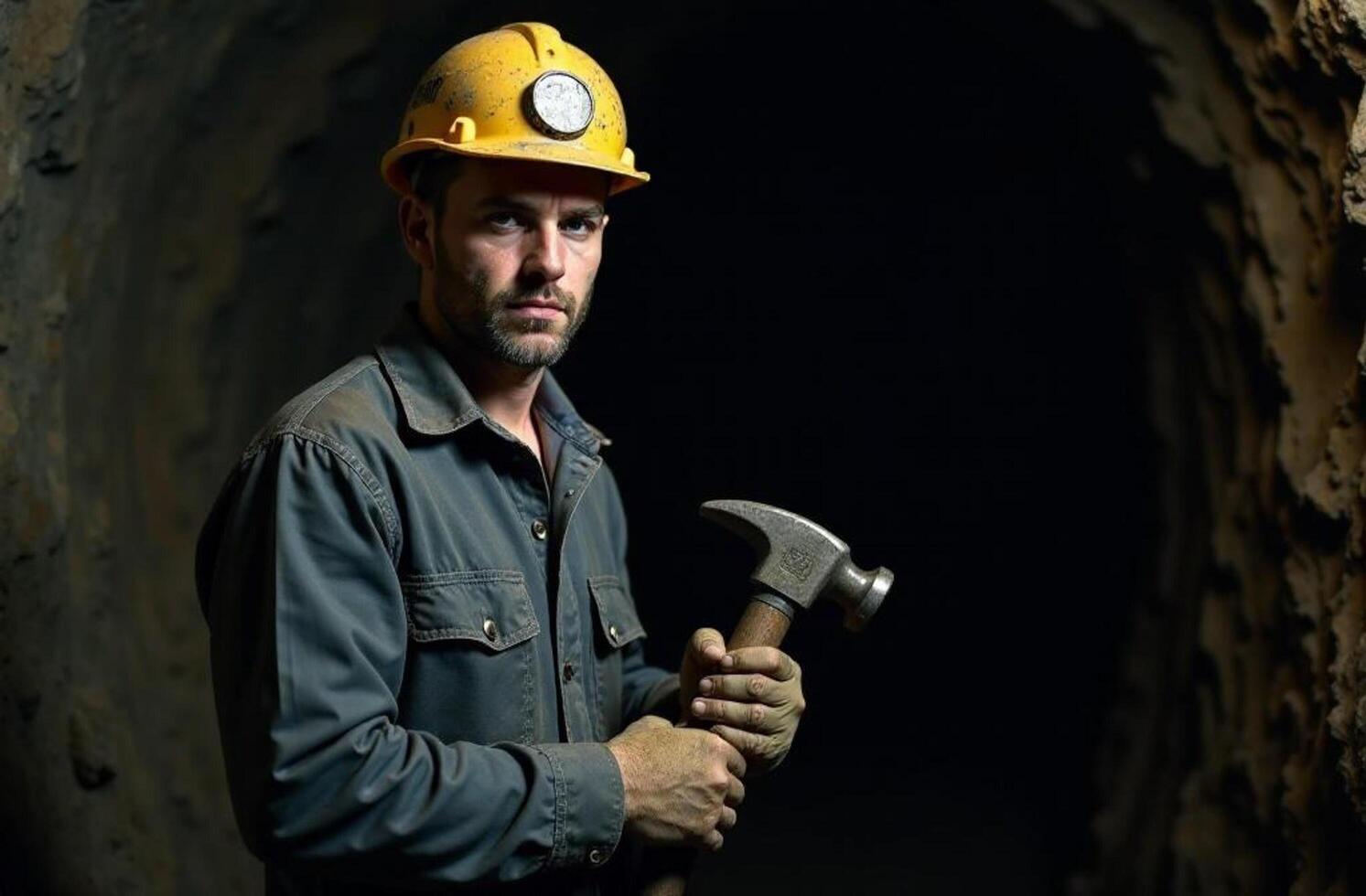 A construction worker, wearing a hard hat for safety, is holding a hammer while standing in a tunnel, demonstrating the important role of personal protective equipment in his job photo