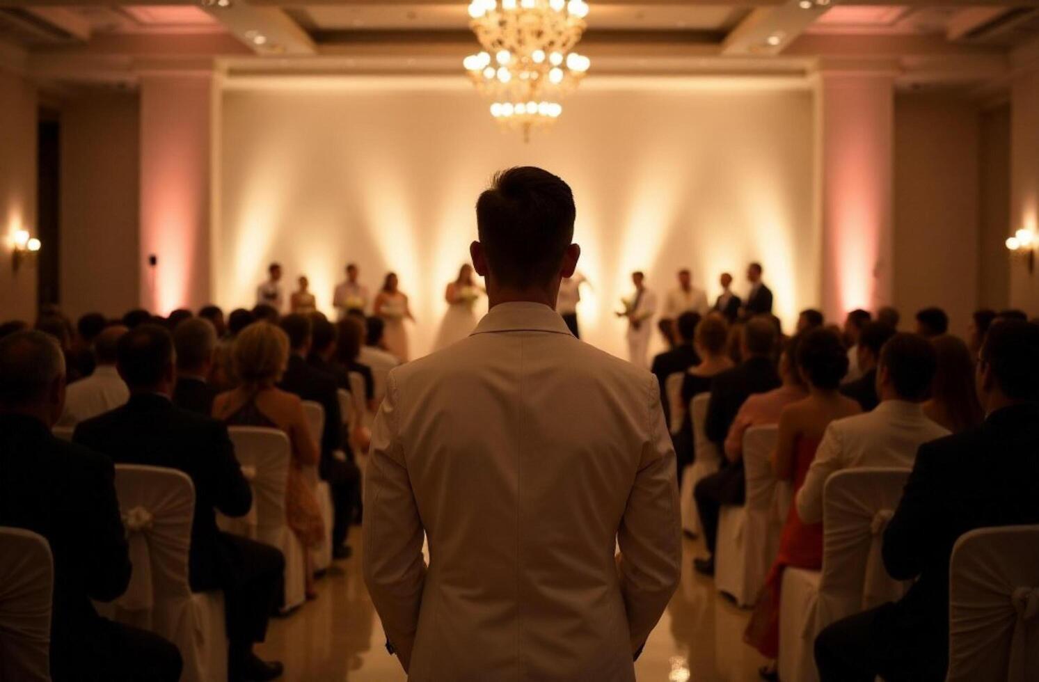 A man is proudly standing in front of a large crowd of people who are all attending a beautiful wedding ceremony that is filled with immense joy, happiness, and lively celebration photo
