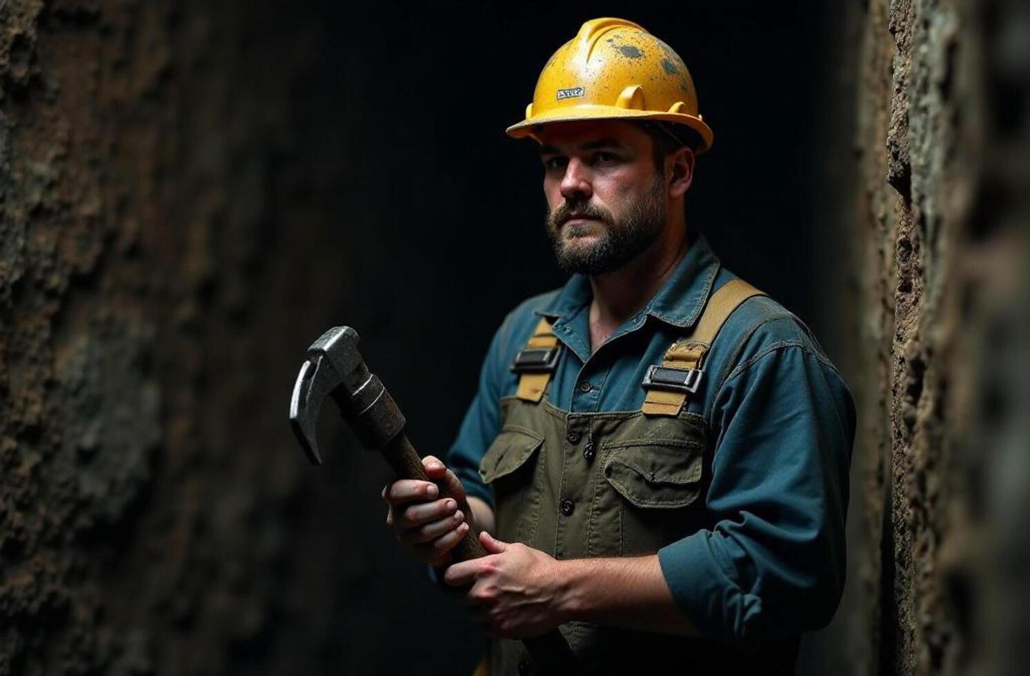 A determined man wearing a hard hat and rugged overalls stands confidently at a busy construction site, gripping a hammer tightly as he prepares himself for an important task ahead of him photo