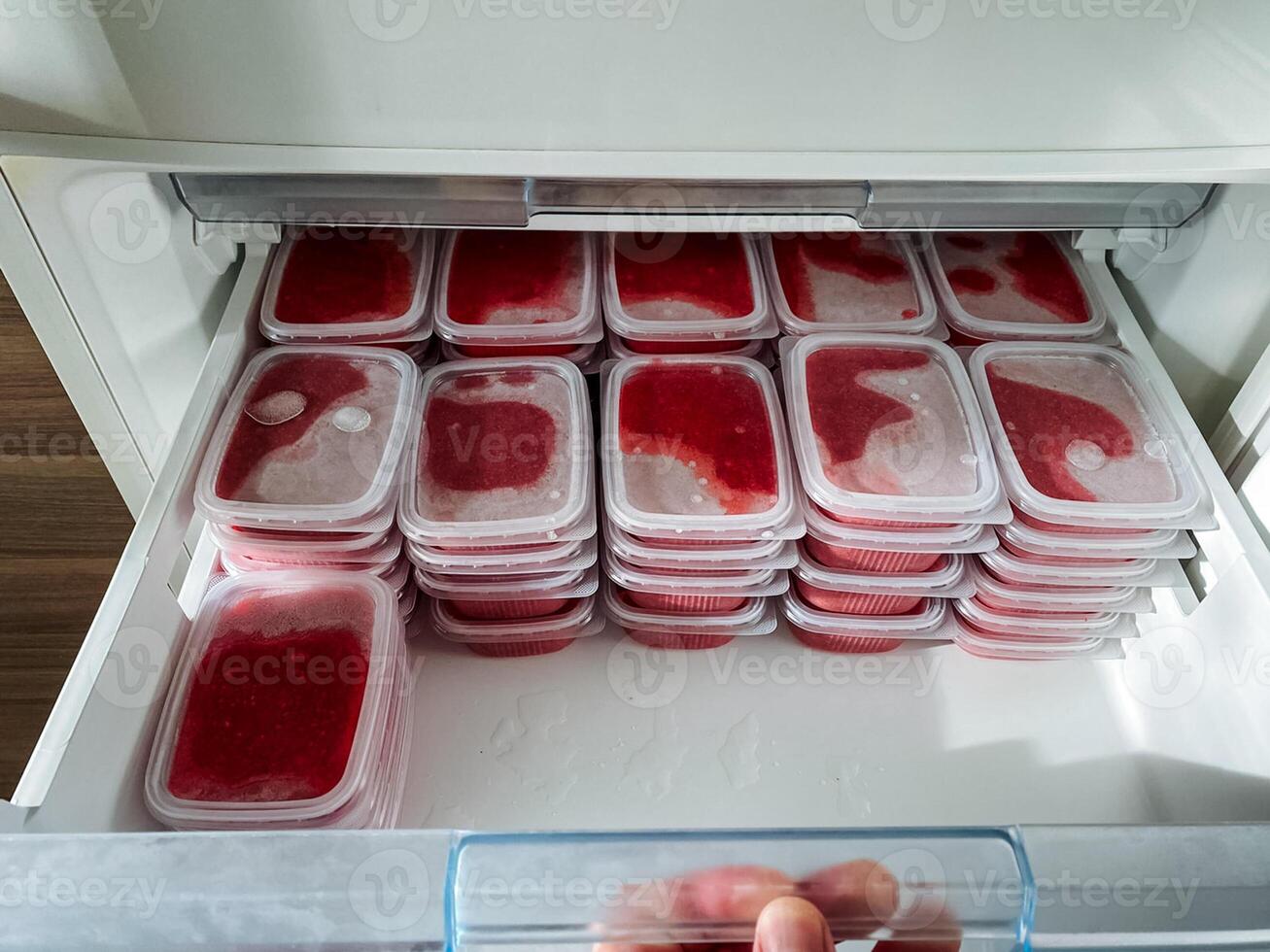A very large freezer that is completely filled with a multitude of containers brimming with delicious strawberry ice cream, ready to be enjoyed at any time for a delightful dessert photo