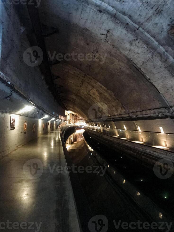 A long, dark tunnel stretches out before you, illuminated only by a few dim lights punctuating the walls, creating a mysterious and slightly eerie atmosphere as you walk through photo