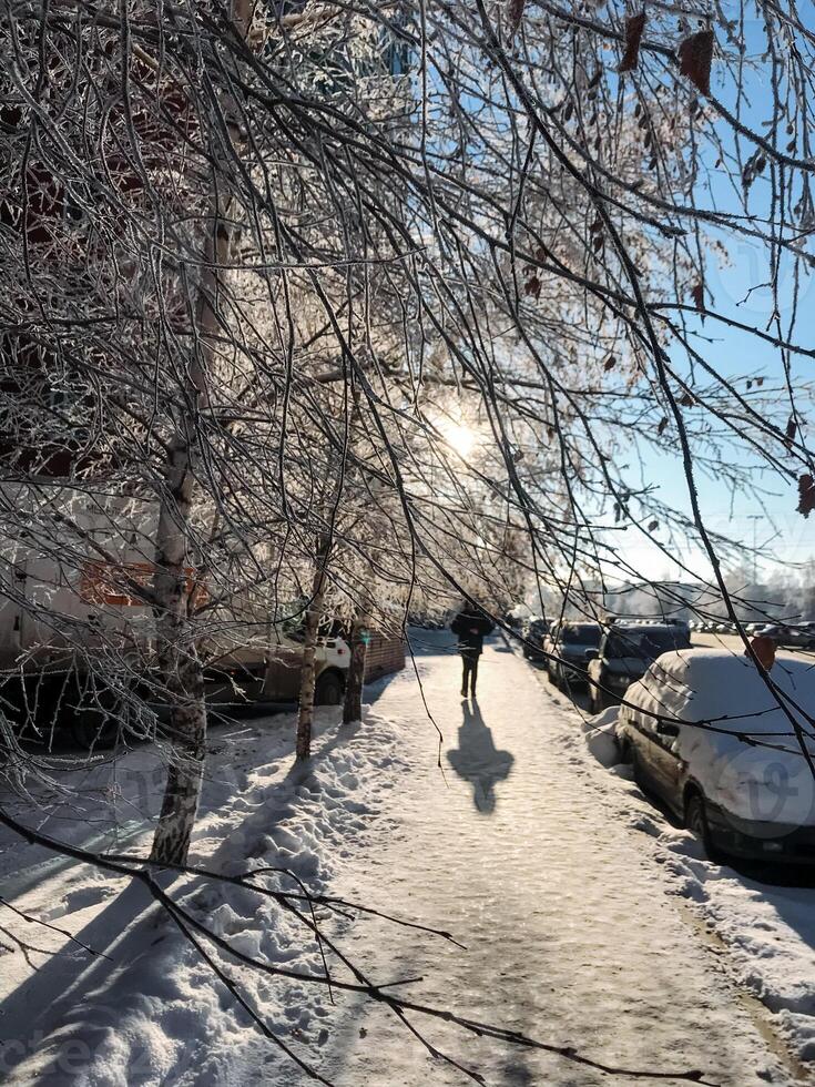 A person is taking a leisurely stroll down a snowy and icy sidewalk, surrounded by the serene and tranquil beauty of winter, leaving distinct footprints in the soft, pristine white snow photo